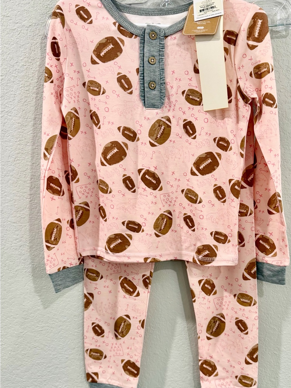 Mud Pie Pink Football Team Print Sports Pajama Set Gray Trim Top Pants 4T, 5T